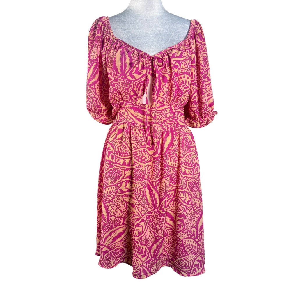 Sienna Sky Tropical‎ Puff Sleeve Dress Womens Medium Pink Excellent Smocked Back